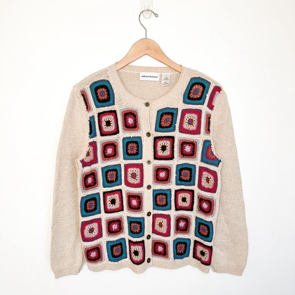 Alfred Dunner Women’s Coastal Grandma Crochet Square Multicolored Button Front C